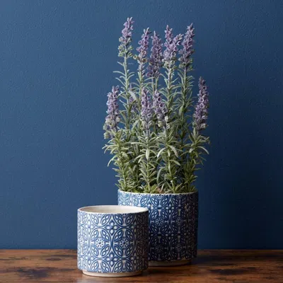 Breebe Set Of 2 Blue And White Ornamental Ceramic Pots For Farmhouse Home Decor