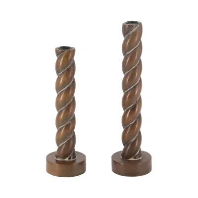 Breebe Set Of 2 Brown Birch Wood Candle Holders Spiral Design