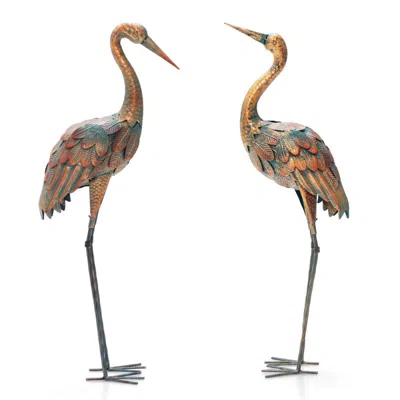 Breebe Set Of 2 Crane Garden Statues Standing Metal Crane Sculptures Bird In Brown