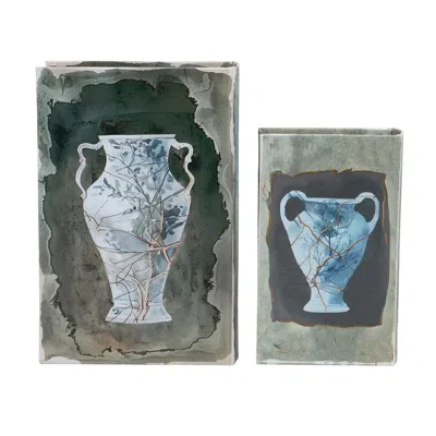 Breebe Set Of 2 Decorative Book Boxes Blue Gold Vase Motifs 7 X 3 X 10.5in And 5 X 2 X 8.3in In Multi