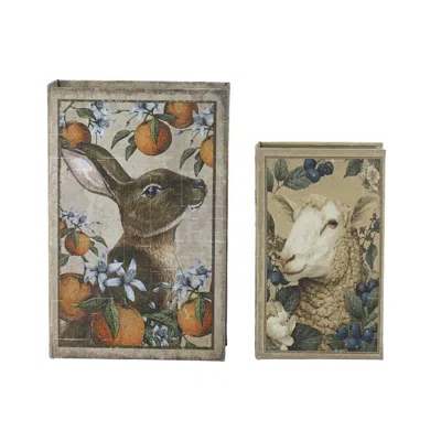 Breebe Set Of 2 Decorative Book Boxes Rabbit And Sheep Motifs In Multi