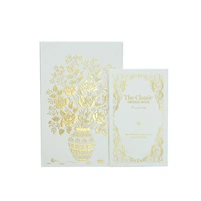 Breebe Set Of 2 Decorative Book Boxes White Gold Floral Motifs Text 10.5in And 8.3in