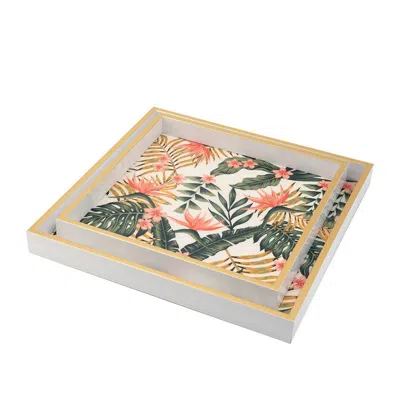 Breebe Set Of 2 Decorative Trays Crisp White Mdf Floral Printed Pvc, Pink, Green In Multi