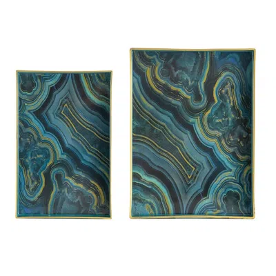 Breebe Set Of 2 Effra Rectangular Trays, Blue Marbled In Green