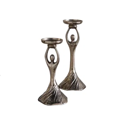 Breebe Set Of 2 Gold Aluminum Pillar Holders Abstract Lady Design In Gray