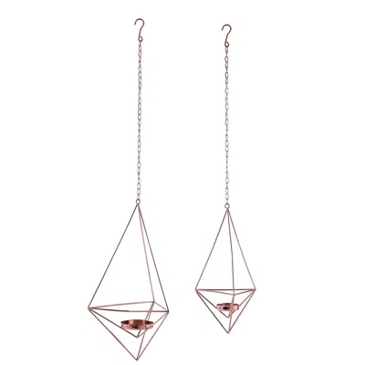 Breebe Set Of 2 Hanging Tealight Candle Holders Rose Gold Metal Diamond Geometric Open Frame - Flower Terra
