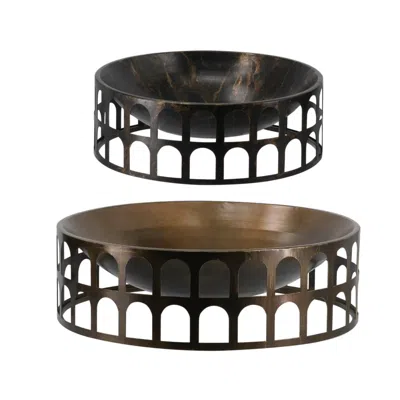 Breebe Set Of 2 Round Iron Trays With Black And Gold Finish In Multi