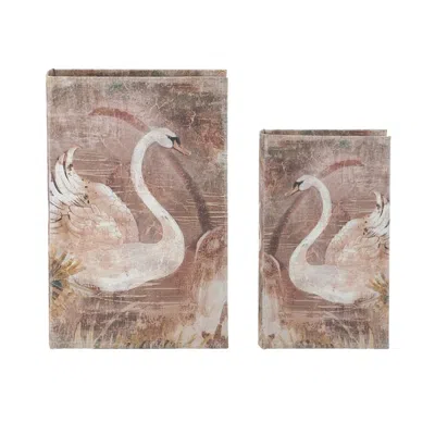 Breebe Set Of 2 Rustic Decorative Book Box With Swan Motifs In Brown