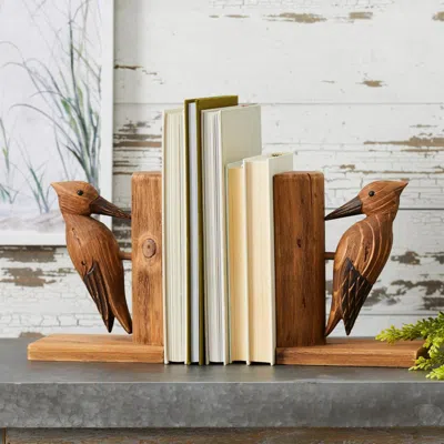 Breebe Set Of 2 Rustic Pine Wood Woodpecker Bookends - Farmhouse Shelf Decor, Bird Bookends For Living Room