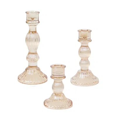 Breebe Set Of 3 Amber Gold Ribbed Glass Taper Candlestick Holders, Fluted Crystal Candle Stands - 4", 6", 8