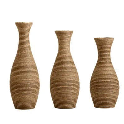 Breebe Set Of 3 Beige Artificial Rattan Floor Vases For Dried Silk Flowers Home Decor In Brown