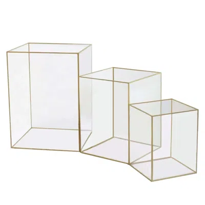 Breebe Set Of 3 Candle Holders Acrylic Flower Display Boxes With Gold Rims Clear - Decorative Pillar Center