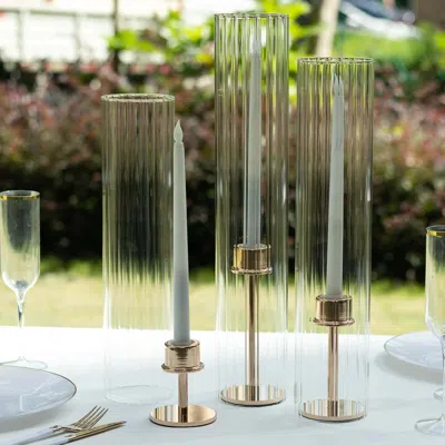 Breebe Set Of 3 Clear Ribbed Glass Hurricane Shades Open End Design - Stylish Candelabra Pillar Candle Hold