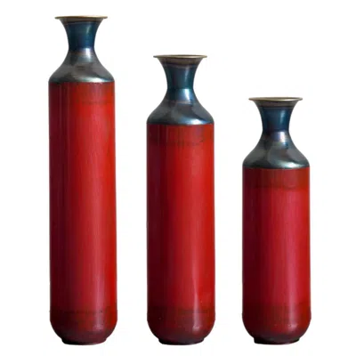 Breebe Set Of 3 Droplet Shaped Metal Floor Vases Glazed Large Modern Home Decor In Red