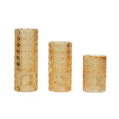 Breebe Set Of 3 Glass Taper Candle Holders Amber Gold With Gemstone Pattern - Dual Sided Crystal Cylinder T