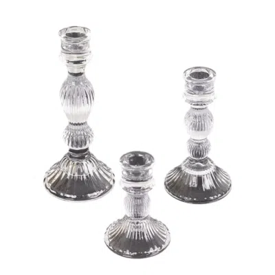 Breebe Set Of 3 Glass Taper Candle Holders Fluted Design Clear - Ribbed Crystal Candlestick Stands 4", 6", 