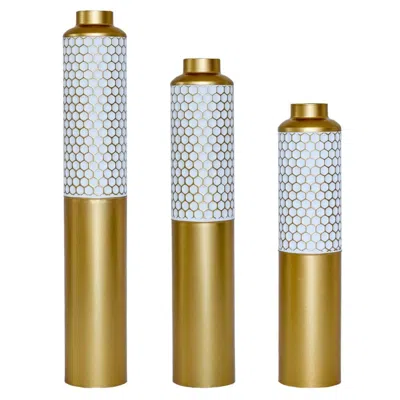 Breebe Set Of 3 Gold & White Metal Floor Vases Hexagonal Pattern Modern Home Decor