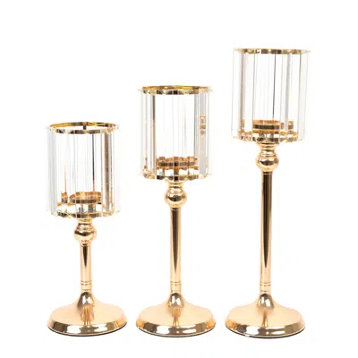 Breebe Set Of 3 Gold Crystal Pendant Hurricane Candle Holders, Elegant Cylindrical Design For Pillar Candle