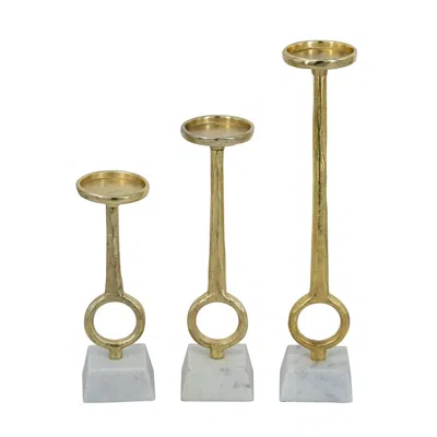 Breebe Set Of 3 Gold Metal Pillar Holders With White Marble Base And Open Ring Accent In Multi