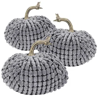 Breebe Set Of 3 Grey Chenille Weighted Pumpkins 5.5 Inch Fall Home Decor In Gray