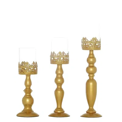 Breebe Set Of 3 Lace Hurricane Candle Holders Antique Gold With Glass Shades - Chic Pillar Candle Stands 12
