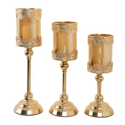 Breebe Set Of 3 Lace Votive Candle Stands Antique Gold With Hurricane Glass Shades - Refined Pillar Candle 