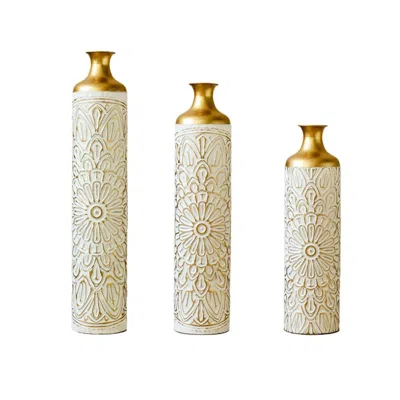 Breebe Set Of 3 Large Glazed Metal Vases White Droplet Shaped Modern Floor Home Decor In Gold