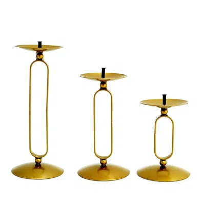 Breebe Set Of 3 Pillar Candle Holders Gold Metal Geometric Oval Frame Design - Modern Centerpiece Assorted 
