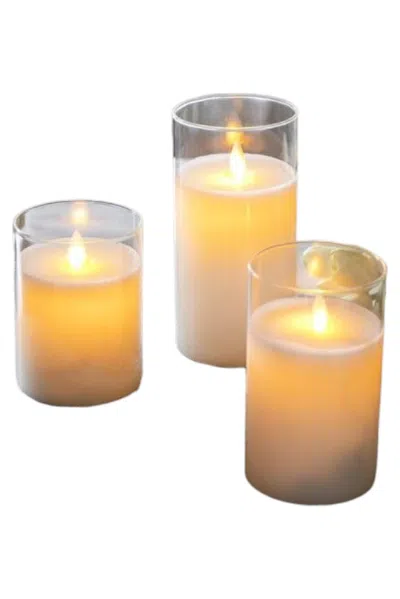 Breebe Set Of 3 Real Flame Effect Led Wax Candles Remote Timer White In Yellow