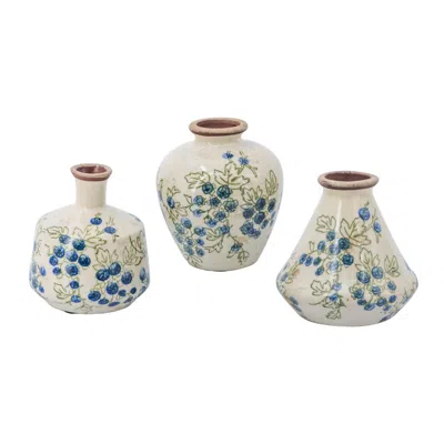 Breebe Set Of 3 White Ceramic Mini Vases With Blue Berry Motif In Multi