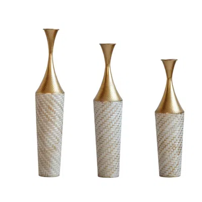 Breebe Set Of 3 Woven Pattern Metal Floor Vases Large Glazed Modern Home Decoration In Gold