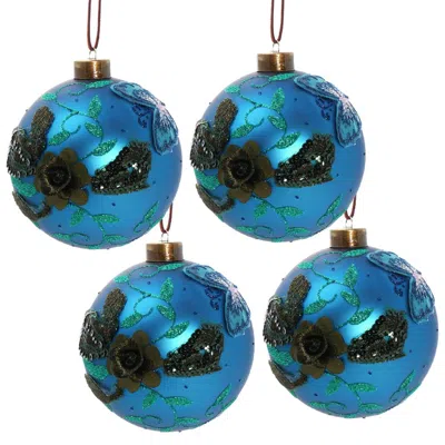 Breebe Set Of 4 Glass Christmas Ball Ornaments 4.7" In Hanging Tree Holiday Party Decor In Blue