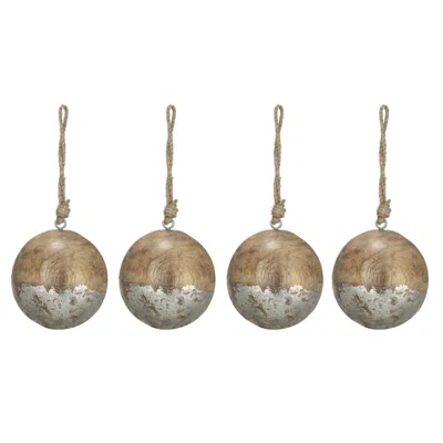 Breebe Set Of 4 Wood Christmas Ball Ornaments 4" Hanging Tree Holiday Party Decor In Brown