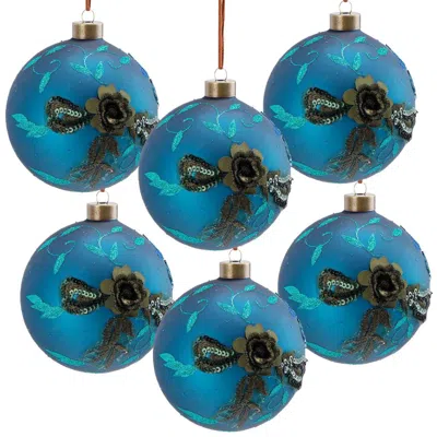 Breebe Set Of 6 Glass Christmas Ball Ornaments 3.9" In Hanging Tree Holiday Party Decor In Blue