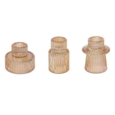 Breebe Set Of 6 Glass Taper Candle Holders Ribbed Crystal Design Amber Gold - Reversible Mini Votive Tealig