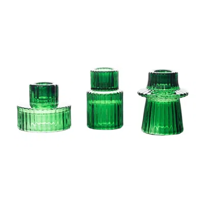 Breebe Set Of 6 Glass Taper Candle Holders Ribbed Crystal Design Hunter Emerald Green - Reversible Mini Vot