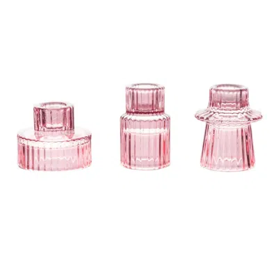 Breebe Set Of 6 Glass Taper Candle Holders Ribbed Crystal Design Pink - Reversible Mini Votive Tealight Sta