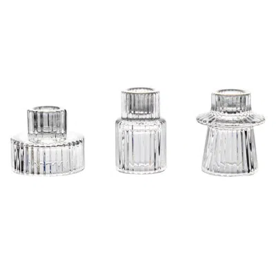 Breebe Set Of 6 Glass Taper Candle Holders Ribbed Crystal Design With Gold Rim Clear - Reversible Mini Voti