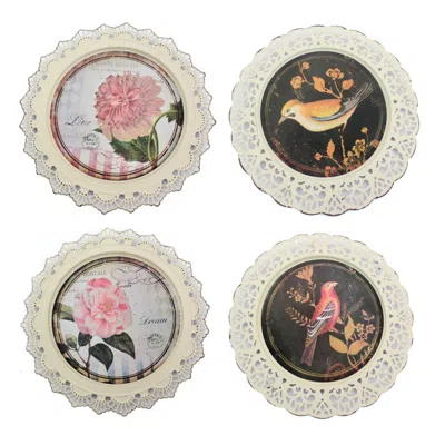 Breebe Set Of Four 13" X 13" Brown And White Metal Bird Flower Wall Decor