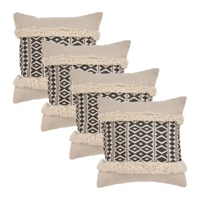Breebe Set Of Four 18" X 18" Black And Natural Lumbar Geometric Cotton Throw Pillow Covers With Fringe