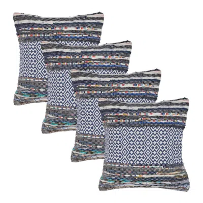 Breebe Set Of Four 18" X 18" Navy Blue And Off White Lumbar Striped Cotton Blend Throw Pillow Covers With T
