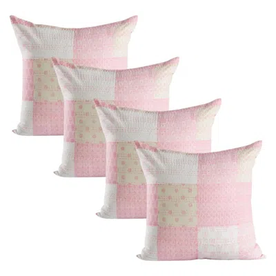 Breebe Set Of Four 20" Pink And White Patchwork Cotton Throw Pillow Covers