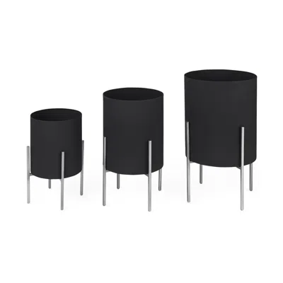 Breebe Set Of Three Black Metal 20 Ounce Round Pot Planters