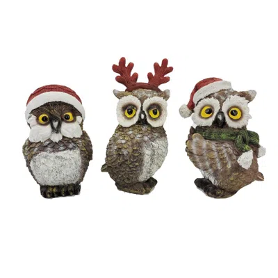 Breebe Set Of Three Brown White And Red Resin Owl Figurine