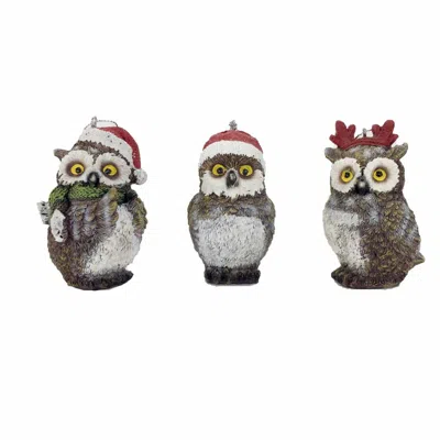Breebe Set Of Three Brown White And Red Resin Owl Figurine