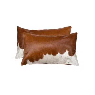 Breebe Set Of Two 12" X 20" Brown And White Cowhide Throw Pillows