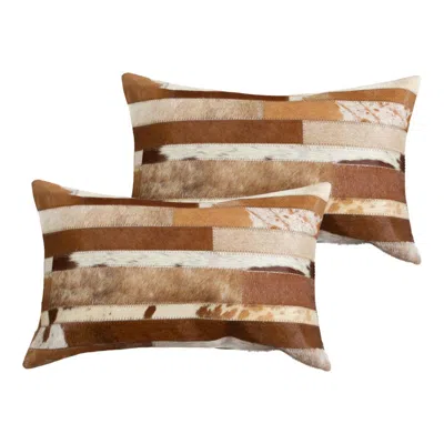Breebe Set Of Two 12" X 20" Brown And White Patchwork Cowhide Lumbar Throw Pillows