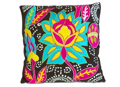 Breebe Set Of Two 16" Black And Blue Floral Cotton Throw Pillows With Embroidery