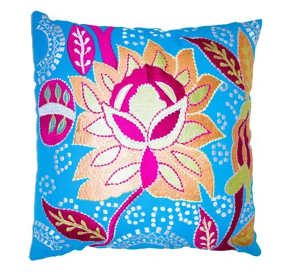 Breebe Set Of Two 16" Blue And Pink Floral Cotton Throw Pillows With Embroidery