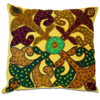 Breebe Set Of Two 16" Brown And Green Patchwork Floral Cotton Throw Pillows With Applique And Embroidery